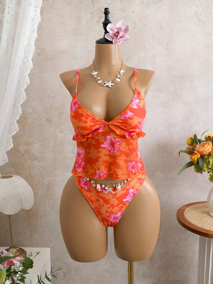 Floral Print Camisole Thong Bikini 2-Piece Swimset