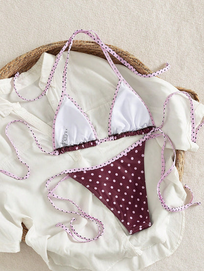 Polka Dot Print Halter Backless Sexy Bikini 2-Piece Set