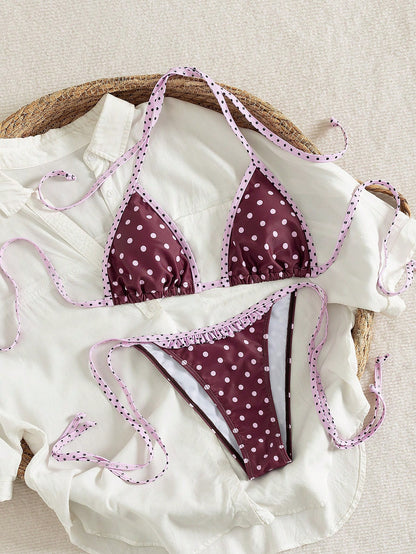 Polka Dot Print Halter Backless Sexy Bikini 2-Piece Set