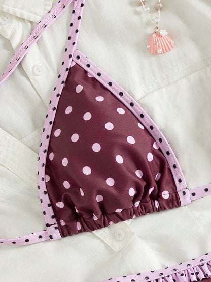 Polka Dot Print Halter Backless Sexy Bikini 2-Piece Set