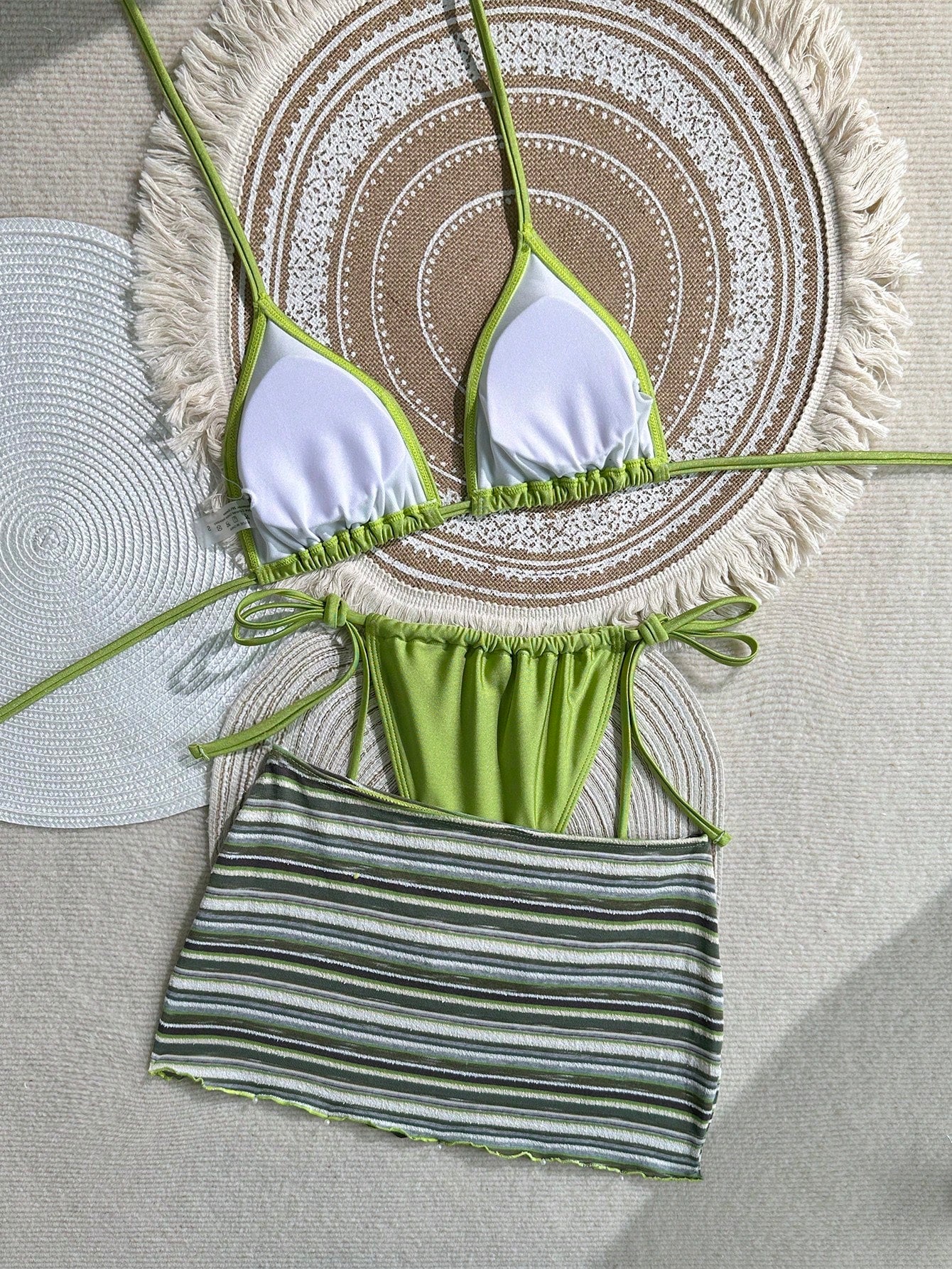3-Piece Green Triangle Halter Bikini & Cover-Up Set
