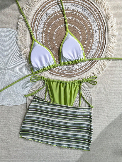 3-Piece Green Triangle Halter Bikini & Cover-Up Set