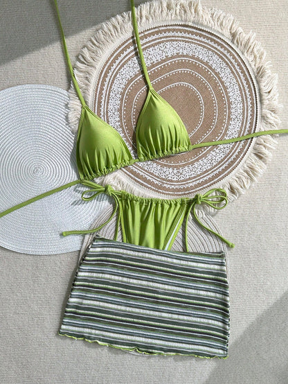 3-Piece Green Triangle Halter Bikini & Cover-Up Set