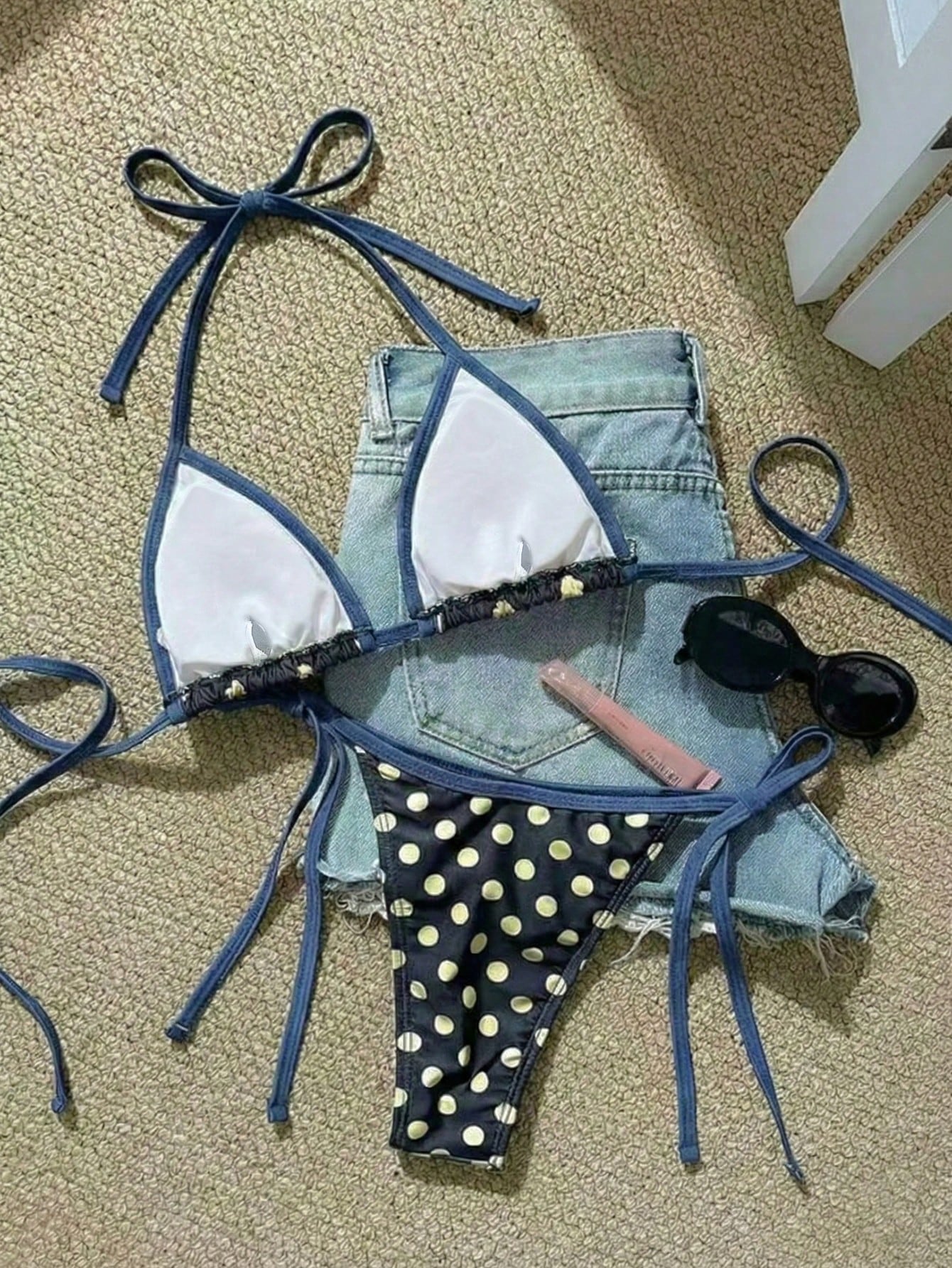 Polka Dot Print Drawstring Neck Slit Bikini Swimsuit