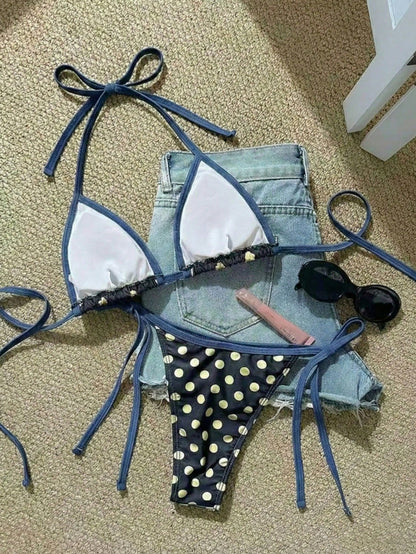Polka Dot Print Drawstring Neck Slit Bikini Swimsuit
