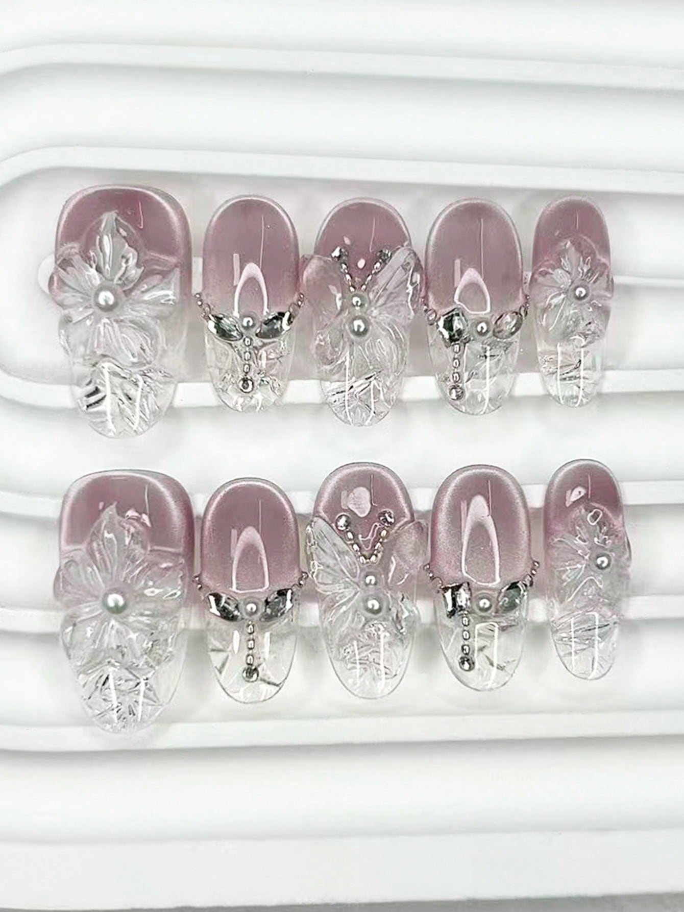 3D Purple Cat Eye Flower & Pearl Oval Press-On Nails