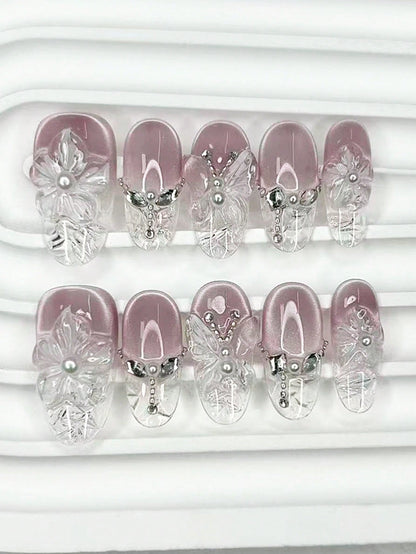 3D Purple Cat Eye Flower & Pearl Oval Press-On Nails