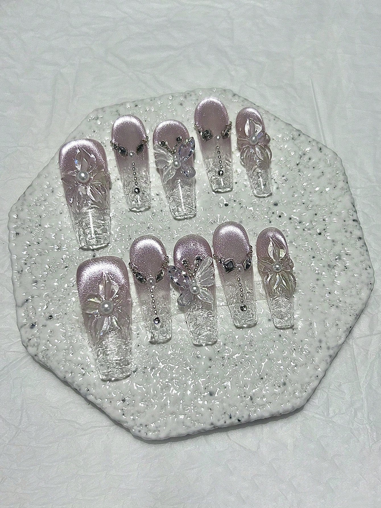 3D Purple Cat Eye Flower & Pearl Oval Press-On Nails