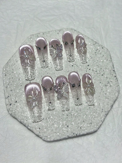 3D Purple Cat Eye Flower & Pearl Oval Press-On Nails