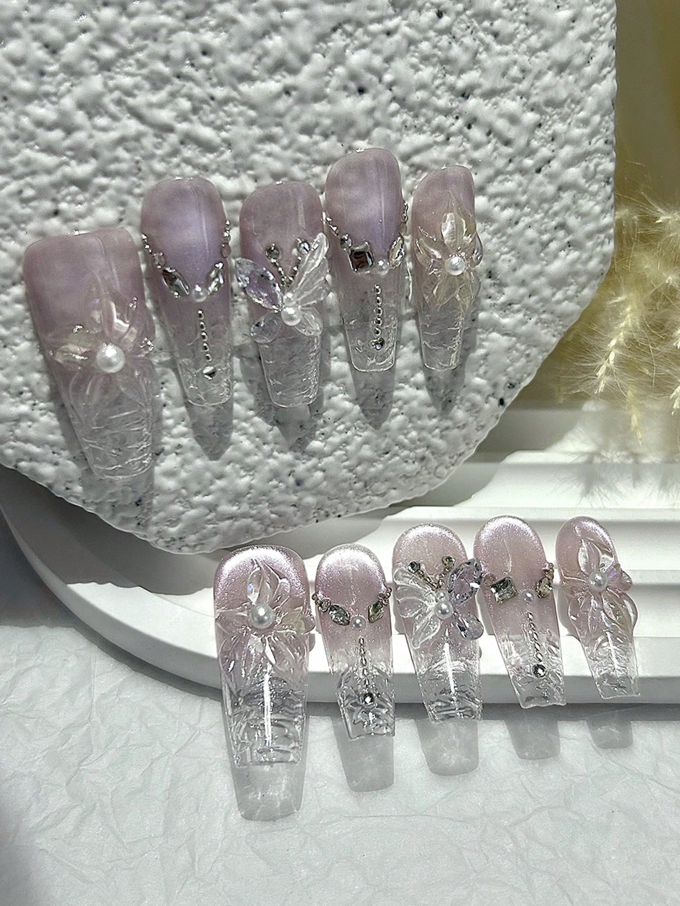 3D Purple Cat Eye Flower & Pearl Oval Press-On Nails