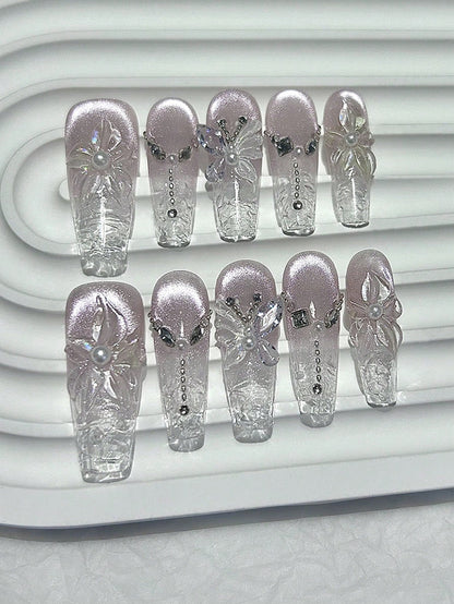 3D Purple Cat Eye Flower & Pearl Oval Press-On Nails