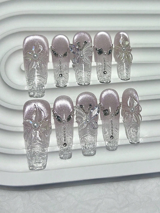 3D Purple Cat Eye Flower & Pearl Oval Press-On Nails