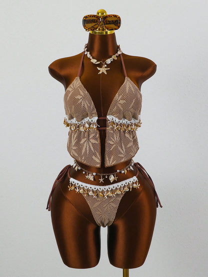 Ocean Starfish Trim Textured Triangle Bikini Set