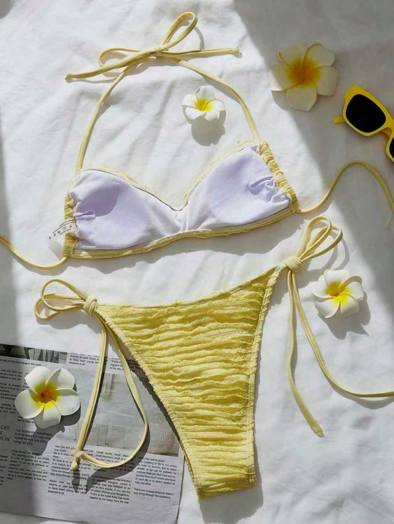 Yellow Jacquard V-Neck High-Slit Bikini Set