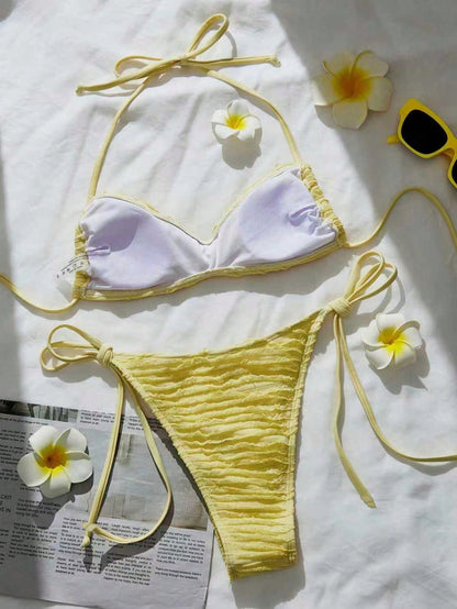 Yellow Jacquard V-Neck High-Slit Bikini Set