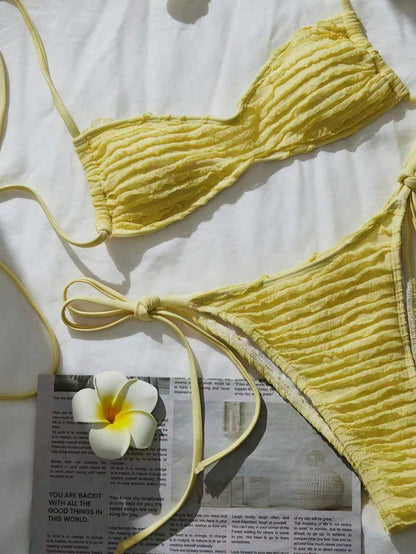 Yellow Jacquard V-Neck High-Slit Bikini Set