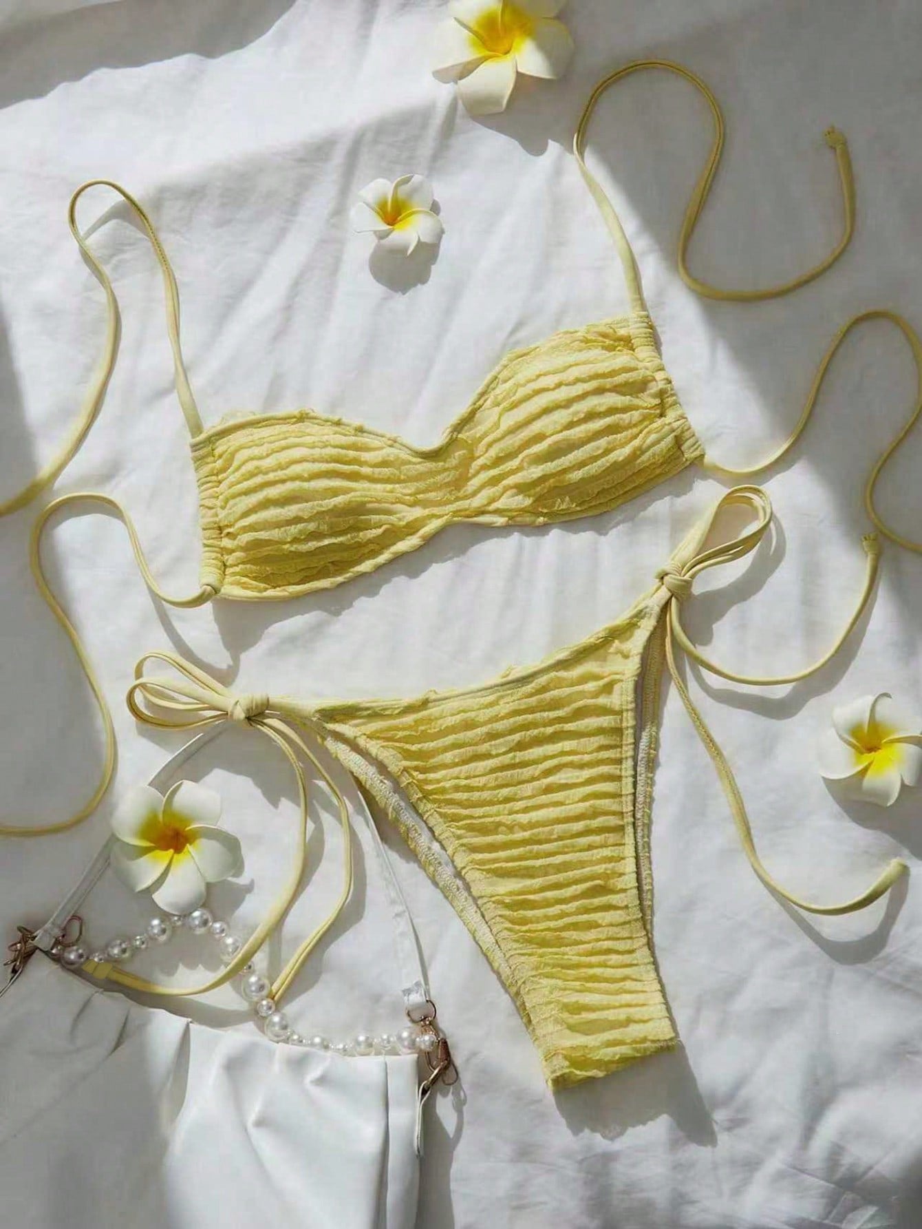 Yellow Jacquard V-Neck High-Slit Bikini Set