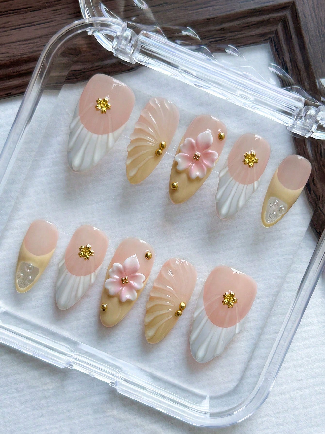 Handmade 3D Floral & Shell Almond Press-On Nails