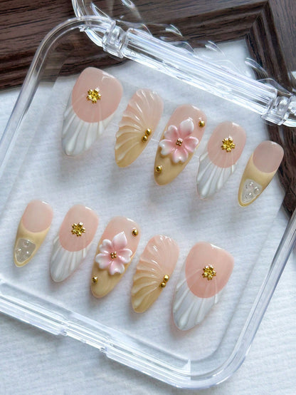 Handmade 3D Floral & Shell Almond Press-On Nails