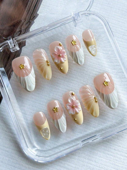 Handmade 3D Floral & Shell Almond Press-On Nails
