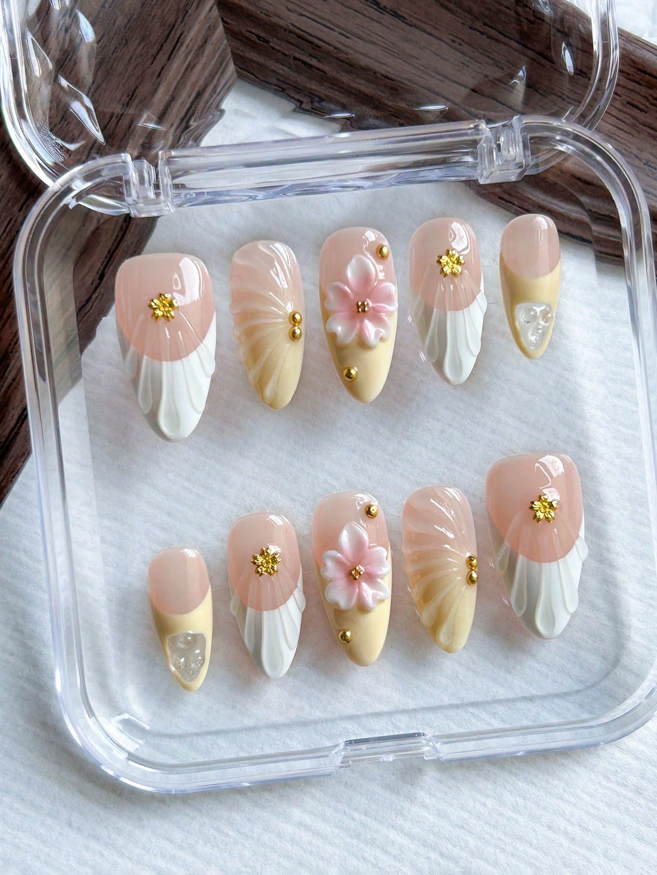 Handmade 3D Floral & Shell Almond Press-On Nails