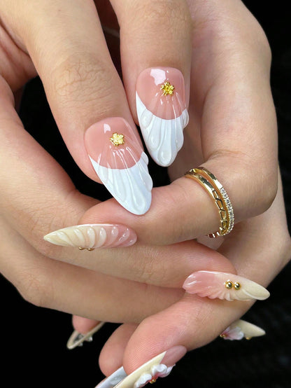 Handmade 3D Floral & Shell Almond Press-On Nails