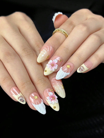 Handmade 3D Floral & Shell Almond Press-On Nails