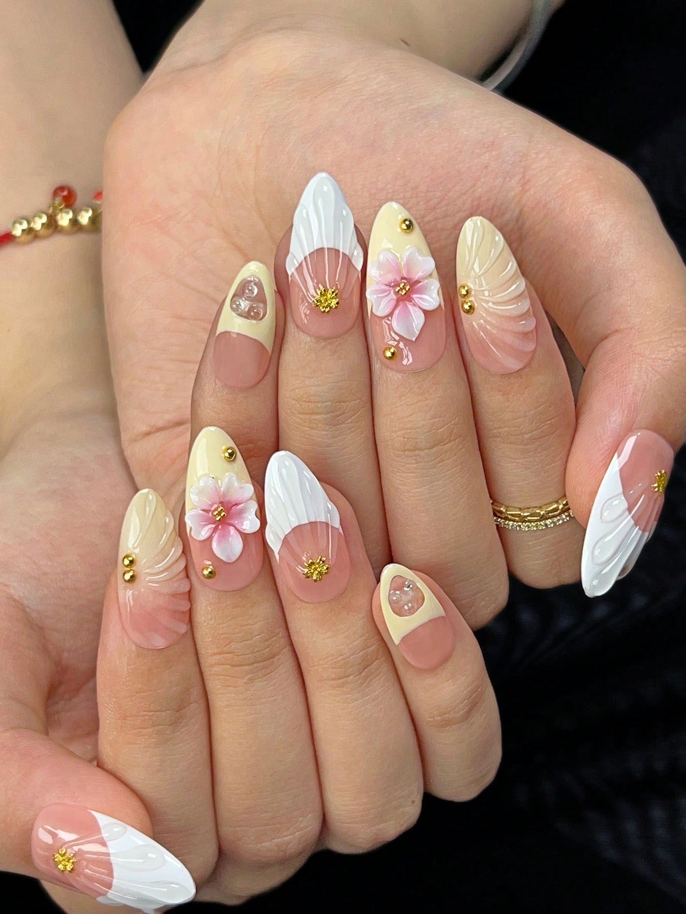 Handmade 3D Floral & Shell Almond Press-On Nails
