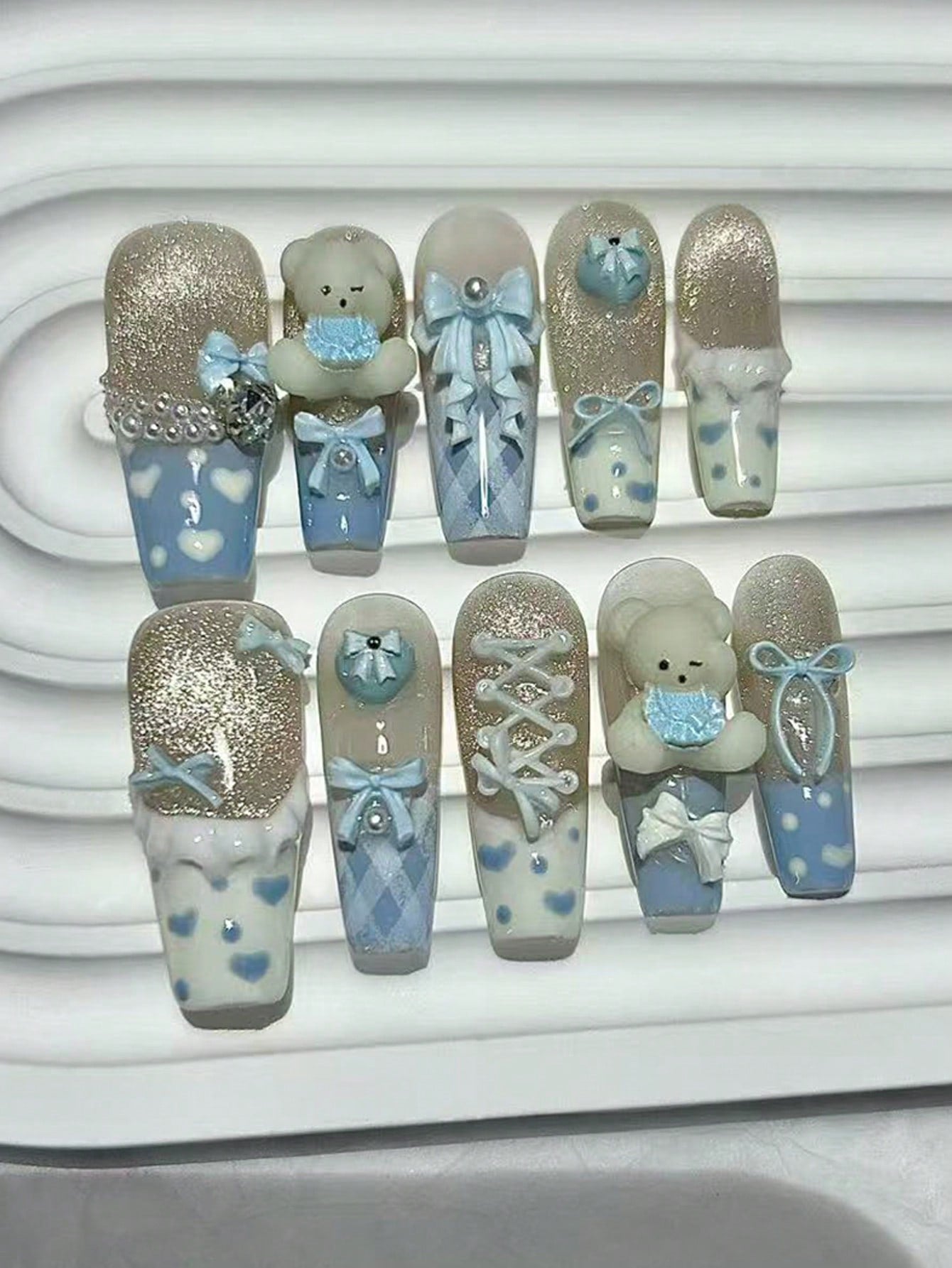 3D Teddy & Blue Cat Eye Pearl Press-On Nails