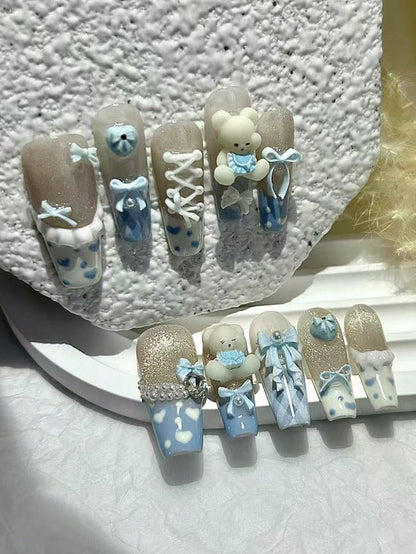 3D Teddy & Blue Cat Eye Pearl Press-On Nails