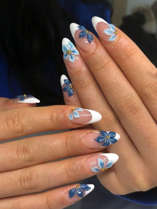 24pcs 3D Gel Flower Almond White French Press-On Nails