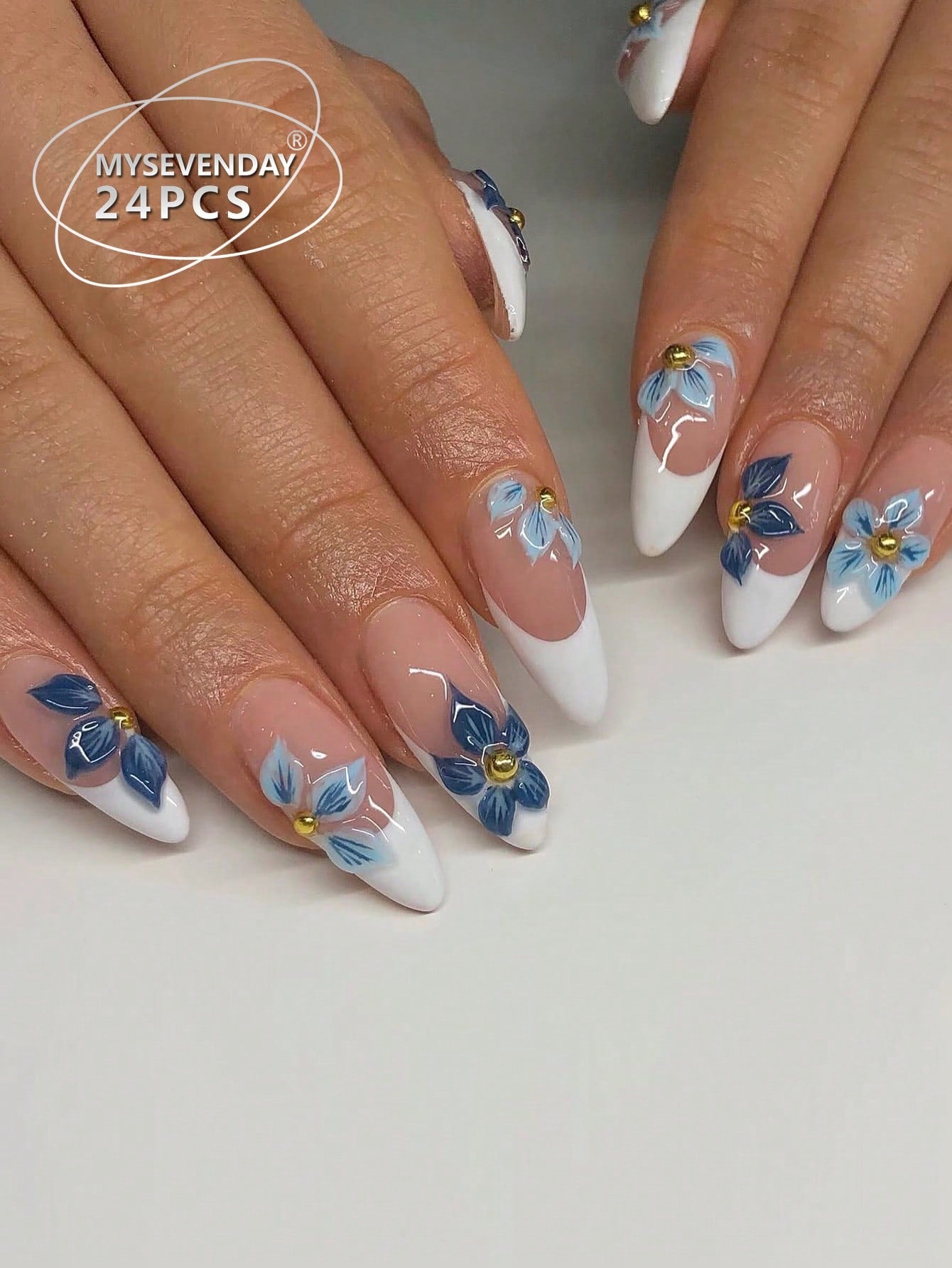 24pcs 3D Gel Flower Almond White French Press-On Nails