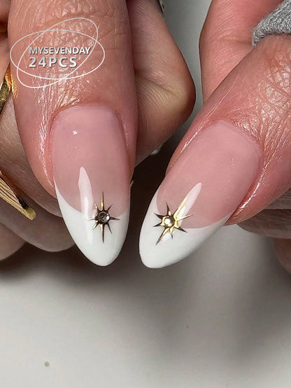 24pcs 3D Gel Flower Almond White French Press-On Nails