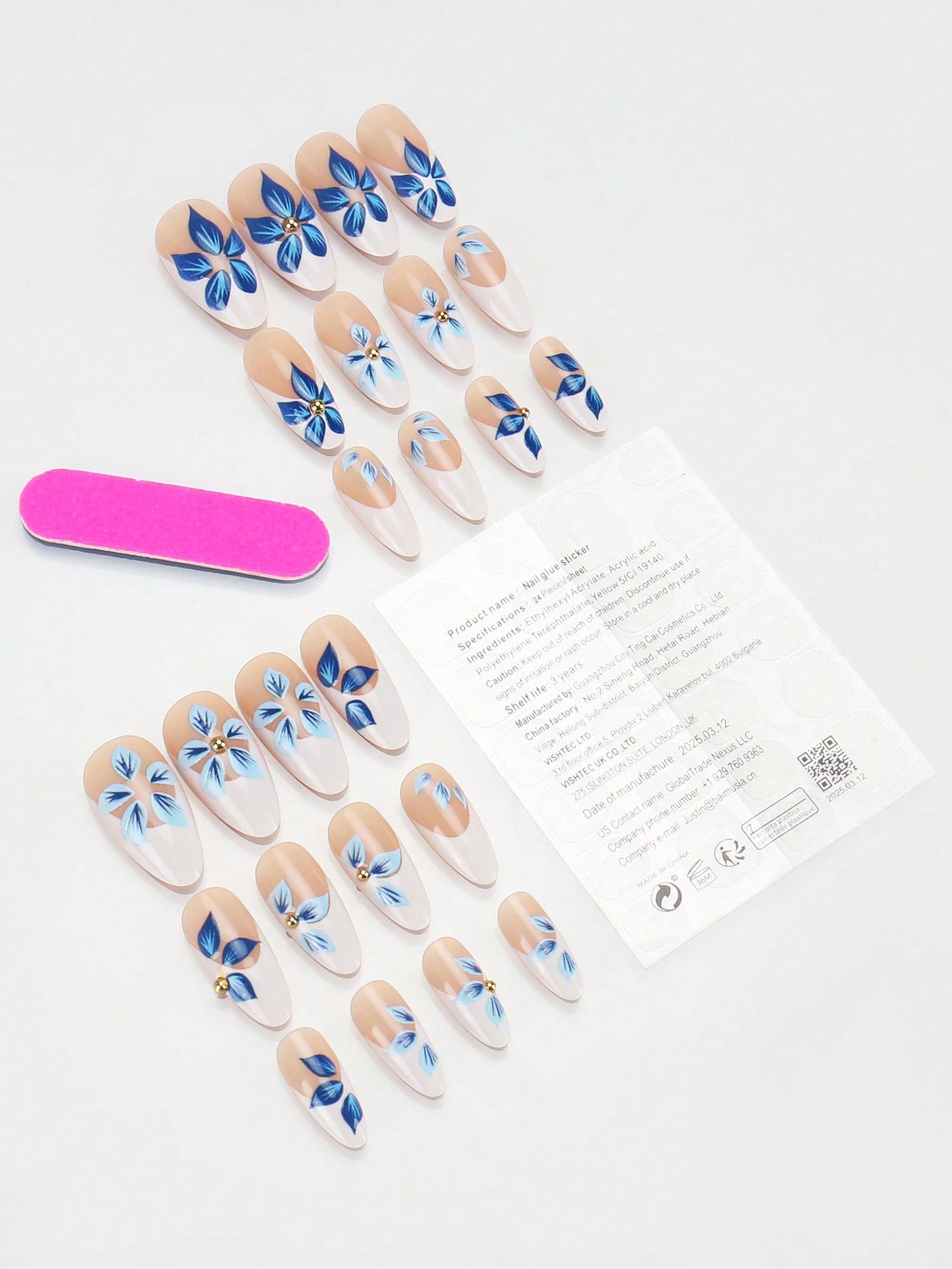 24pcs 3D Gel Flower Almond White French Press-On Nails
