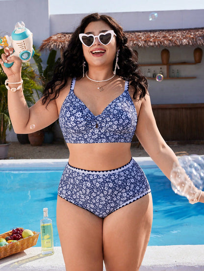 Retro Floral Plus Size Slimming Swimwear Set