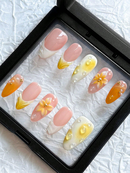 Orange Ombre Almond 3D Water Drop Press-On Nails