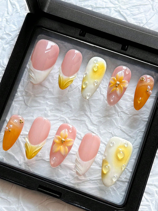 Orange Ombre Almond 3D Water Drop Press-On Nails