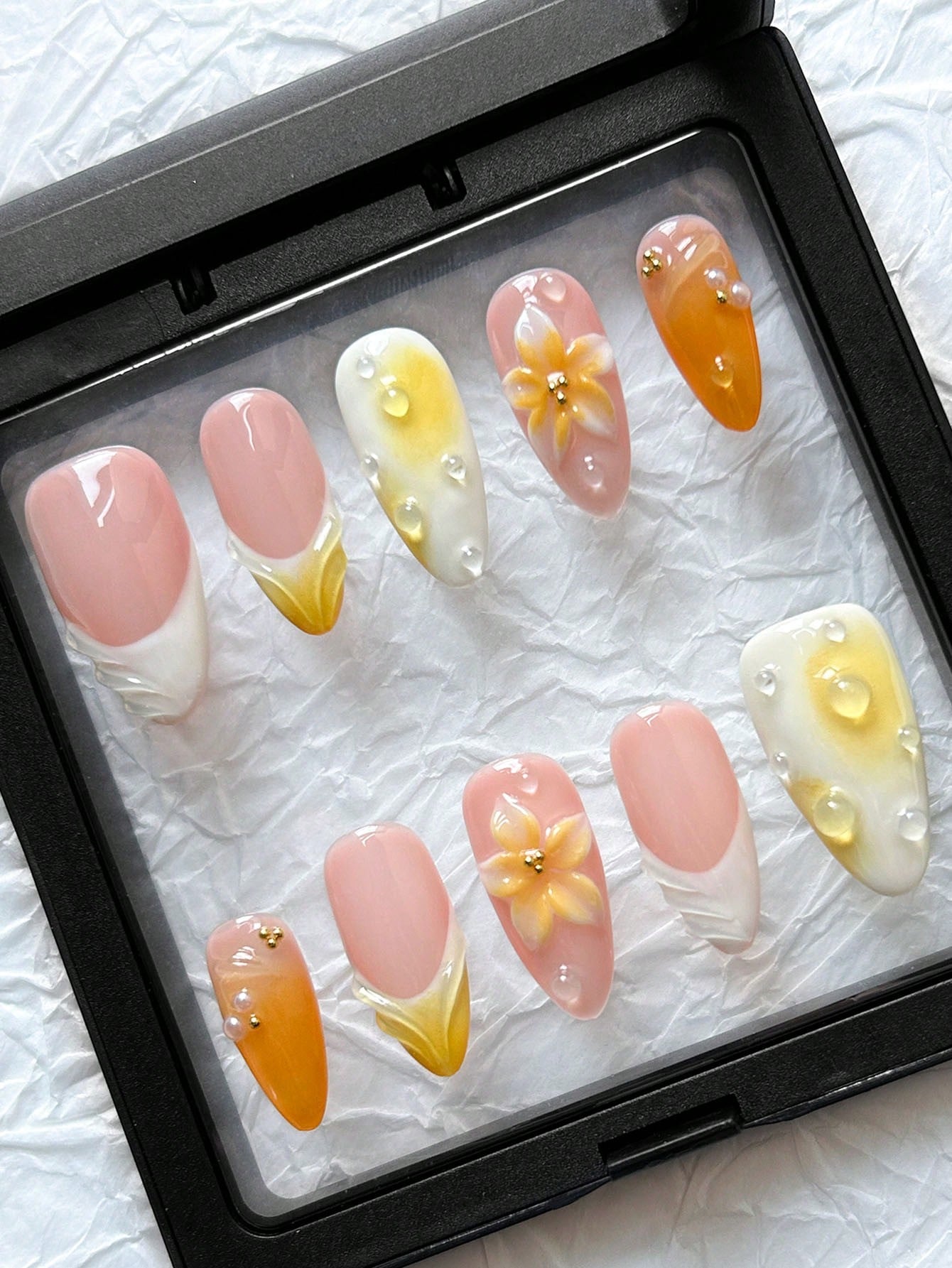 Orange Ombre Almond 3D Water Drop Press-On Nails