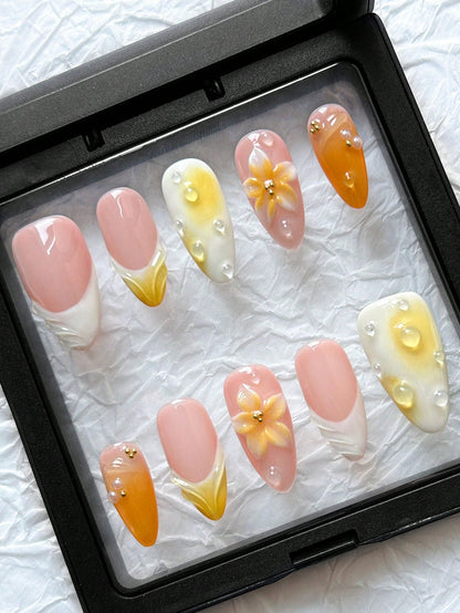 Orange Ombre Almond 3D Water Drop Press-On Nails