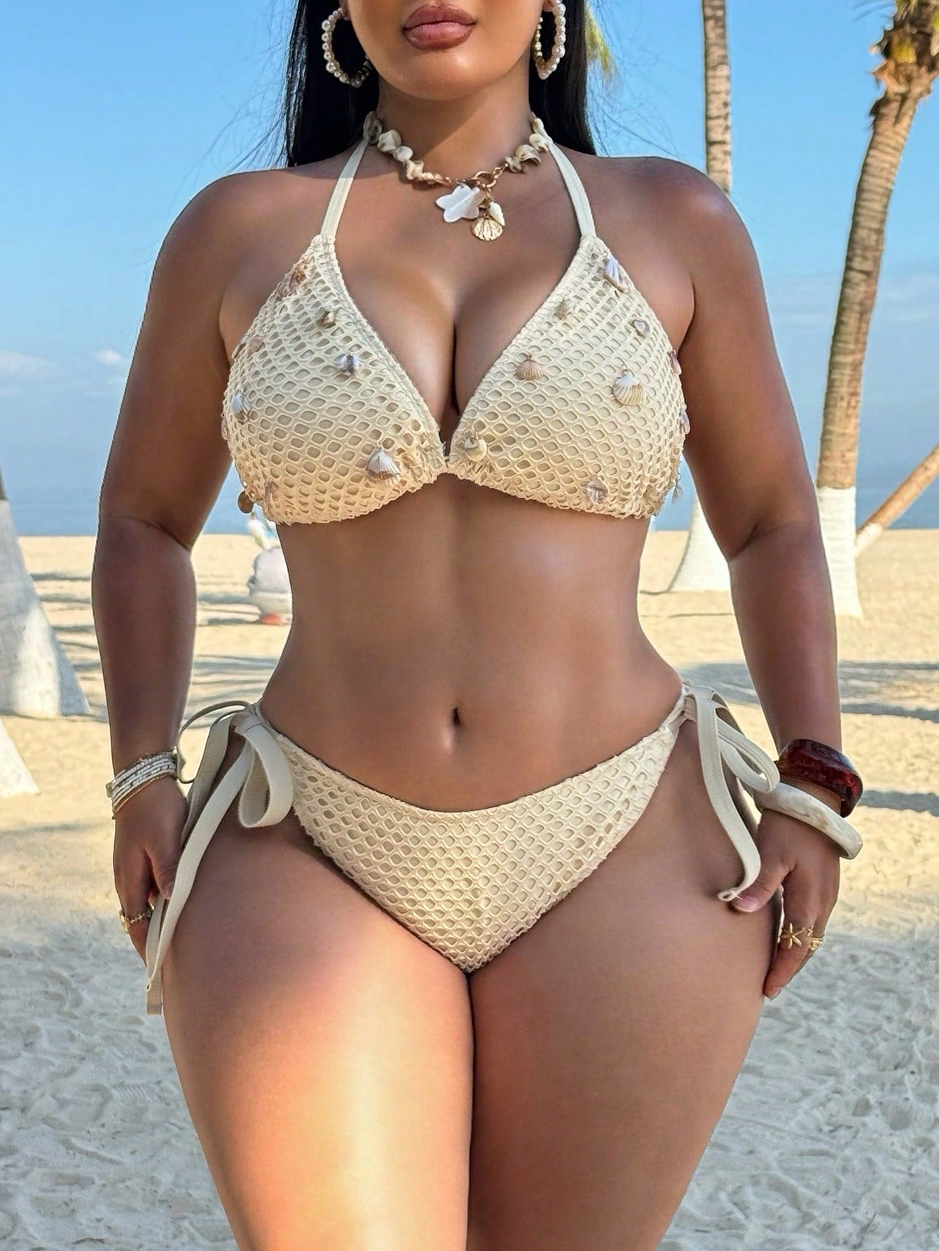 Plus Size Shell Decor Tankini 2-Piece Swimwear Set