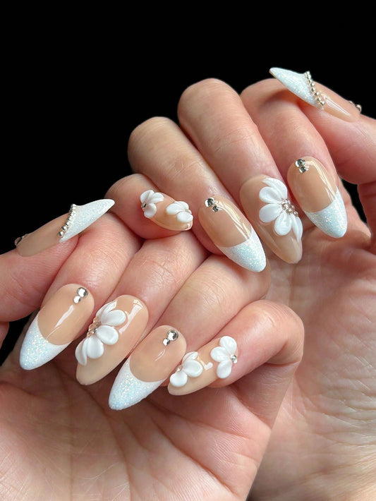 3D Floral White Glitter French Almond Press-On Nails