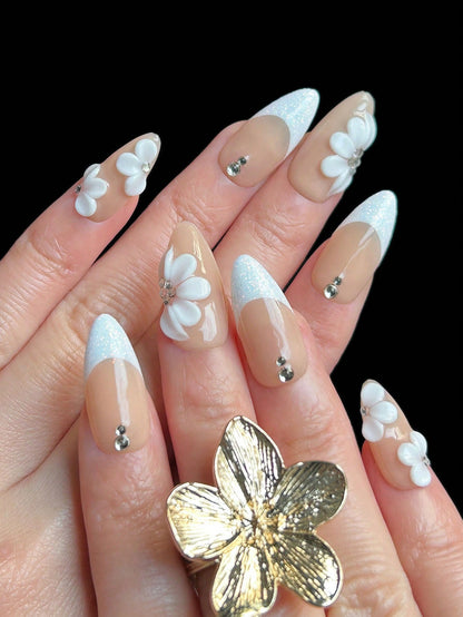 3D Floral White Glitter French Almond Press-On Nails