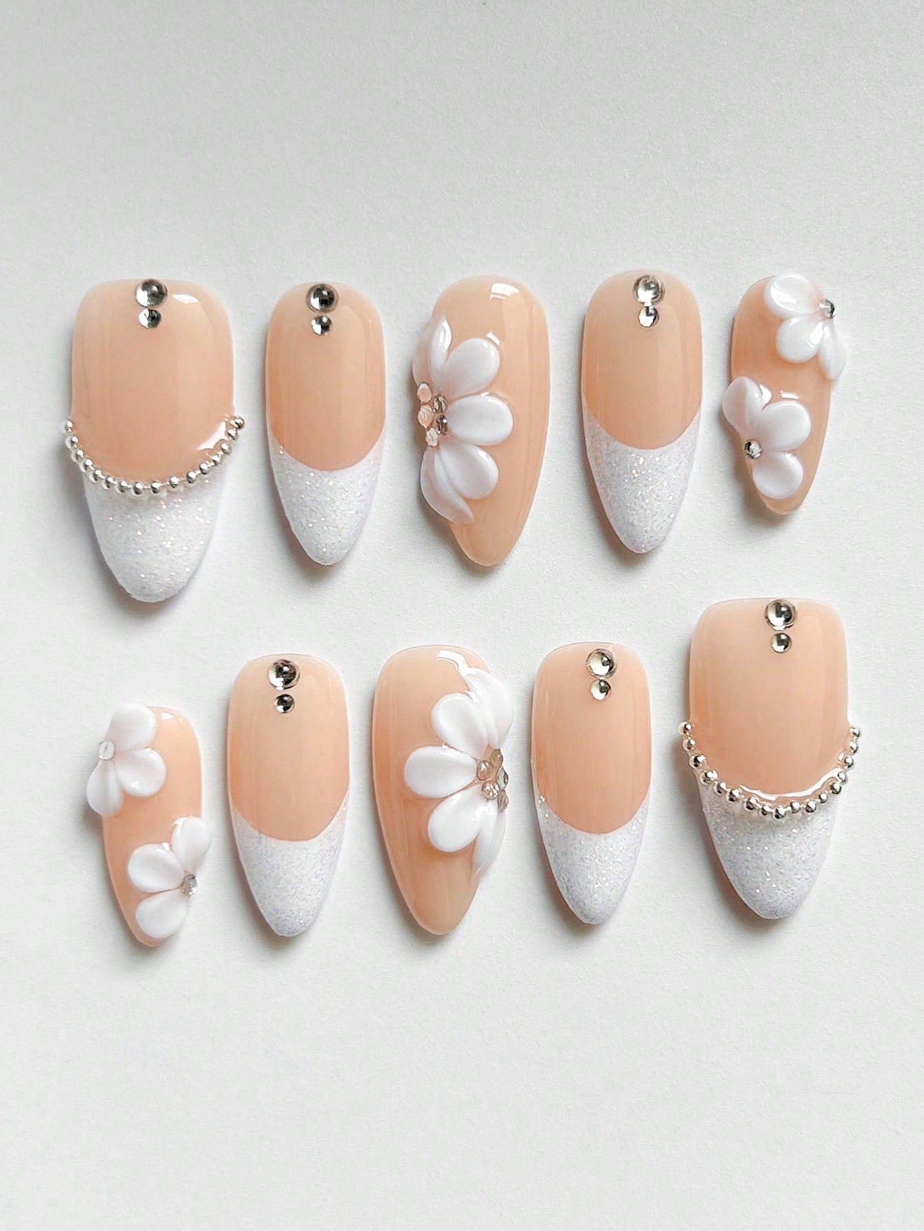 3D Floral White Glitter French Almond Press-On Nails