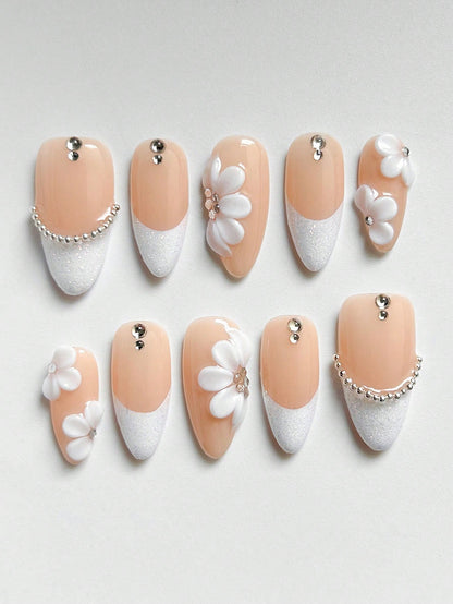 3D Floral White Glitter French Almond Press-On Nails