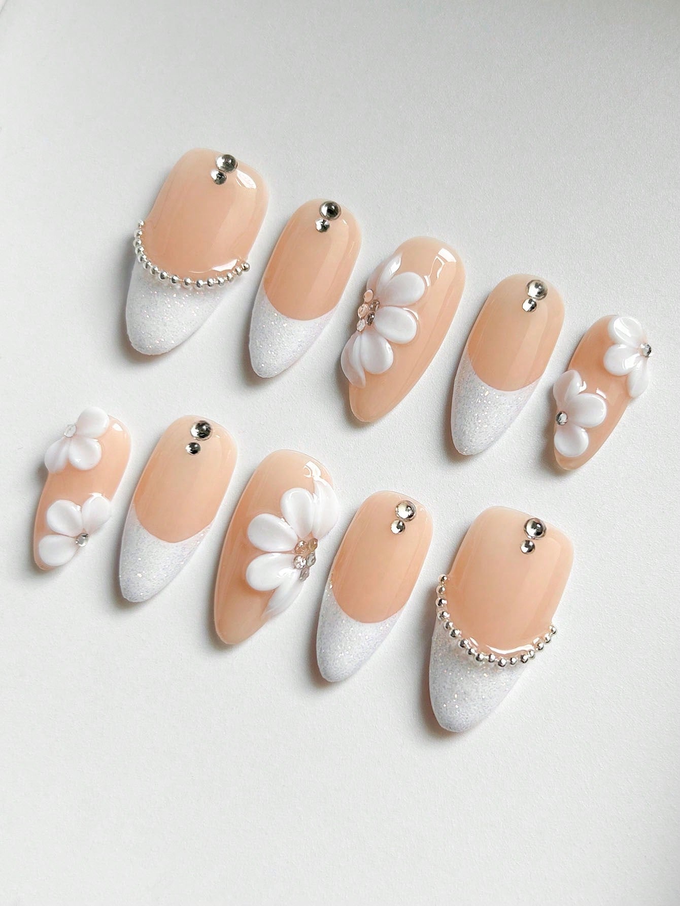 3D Floral White Glitter French Almond Press-On Nails
