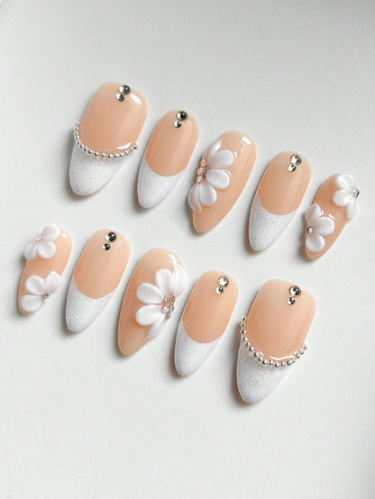 3D Floral White Glitter French Almond Press-On Nails