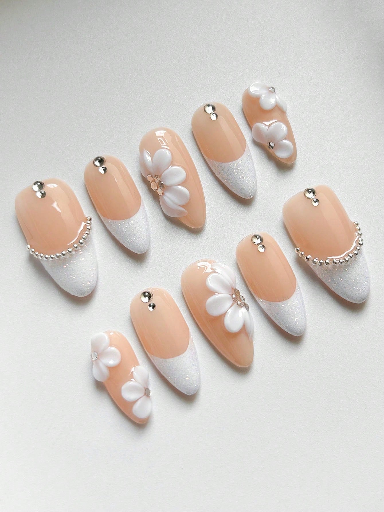 3D Floral White Glitter French Almond Press-On Nails