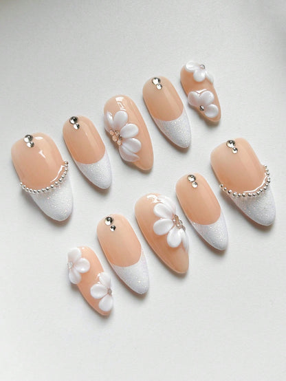 3D Floral White Glitter French Almond Press-On Nails