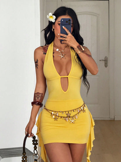 Leopard Print Backless Halter Knit Mini Dress