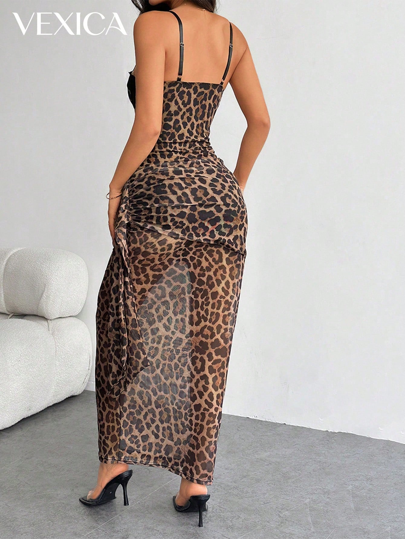 Leopard Sleeveless Lace Mesh Slit Pencil Dress